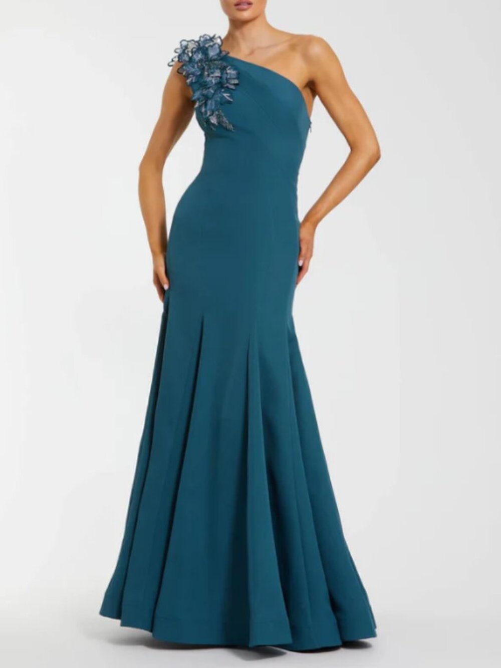 NWT Mac Duggal Blue One Shoulder Mermaid Dress with 3D Flowers Size 10
